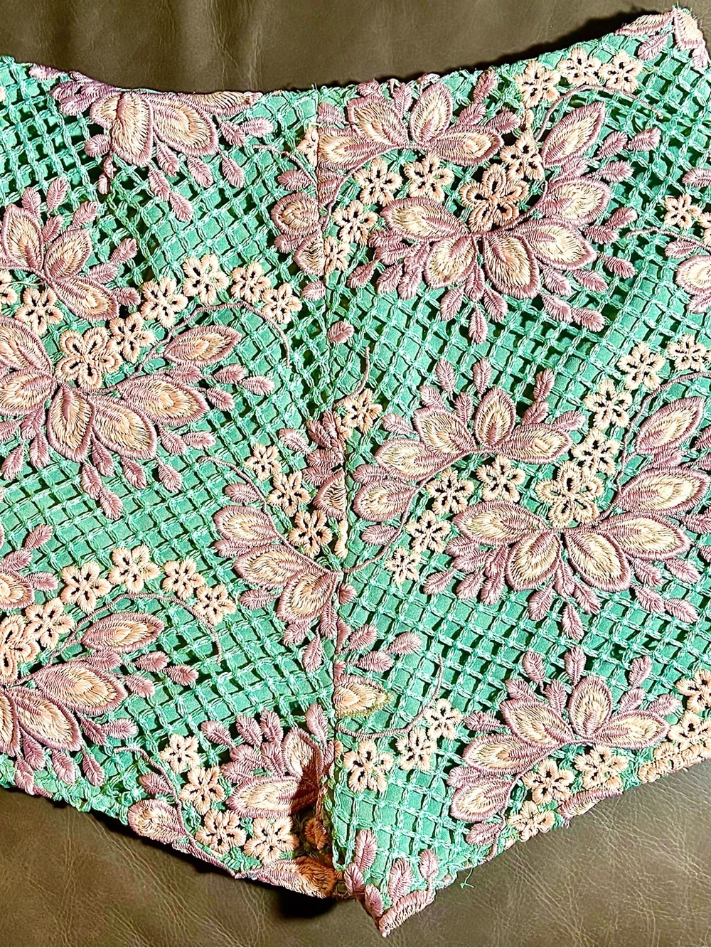 Vici Mint Green Crochet Shorts with Pink Floral Embroidery